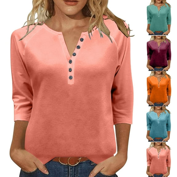 Agkizg Womens Fall Clothing Plus Size Womens Tops Long Sleeve Blouses Button V Neck 3/4 Raglan Sleeve Loose Fitting Casual T Shirts for Fall Winter L