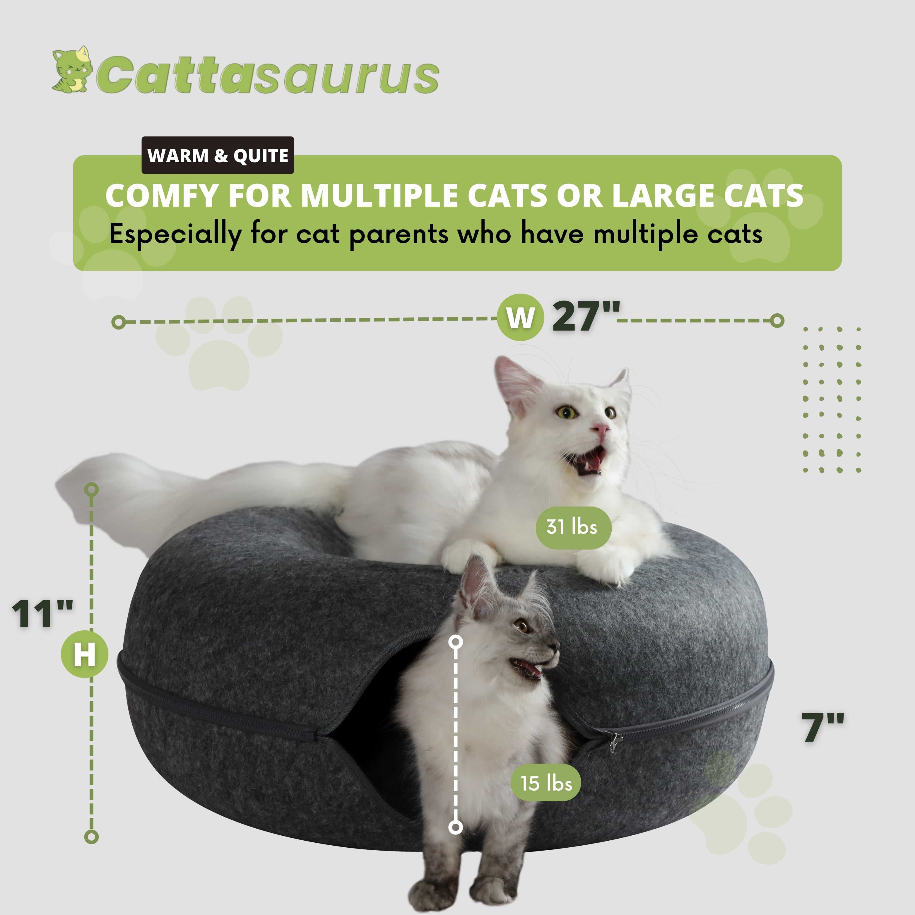 Cattasaurus Peekaboo Cat Cave Tunnel Bed, Jumbo Size, Dark Gray, for Cats up to 30 lbs