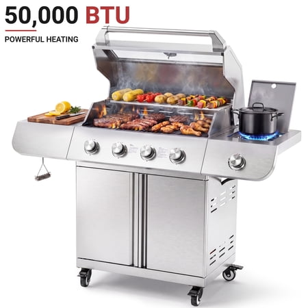 4-Burner Gas Grill and Griddle Combo with Side Burner, 50,000 BTU Propane BBQ Grill with Porcelain-Enameled Cast Iron Grates, Built-in Thermometer, Ideal for Patio Camping Outdoor Cooking