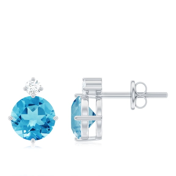 Simple Swiss Blue Topaz Stud Earrings with Moissanite, 6 mm Round Cut Blue Topaz Solitaire Stud Earrings (2.25 CT, AAA Quality, Rosec Jewels), 925 Sterling Silver