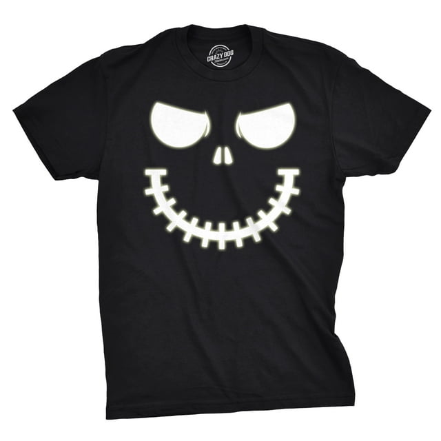 Mens Skeleton Zipper Pumpkin Face T Shirt Glow In The Dark Halloween Tee (Black) - L