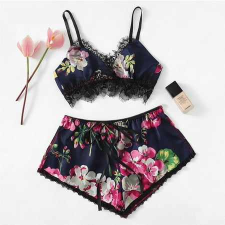 

Women Lace Satin Sleepwear Sexy Top Shorts Summer Pajama Set