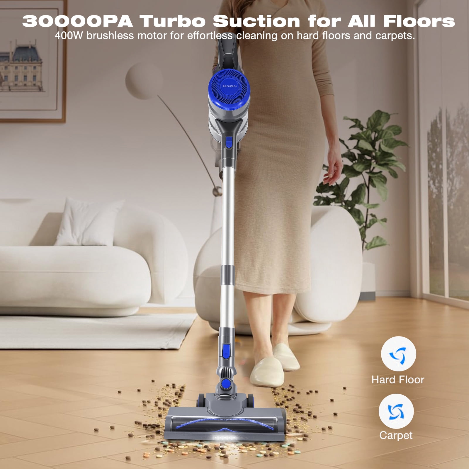 CareVac Cordless Stick Vacuum Cleaner Lightweight for Carpet Hard Floor Pet Hair Led Display