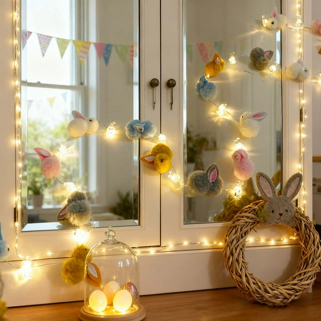 Luces de tira LED de conejo, guirnalda decorativa colgante con bombillas blancas cálidas, adorno para ventanas, dormitorios y paredes, 220 cm de longitud, alimentado por pilas para Pascua, fiesta y