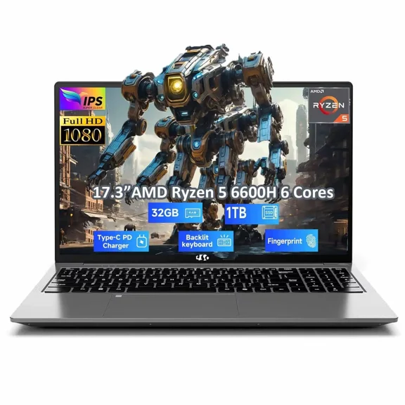 17.3" Gaming Laptop, AMD Ryzen 5 6600H 6 Cores (Beat i7-1165G7, Up to 4.5GHz)32GB DDR5 RAM 1TB SSD Radeon 660M GPU-Computer with 100W Type-C Backlit Keyboard Fingerprint