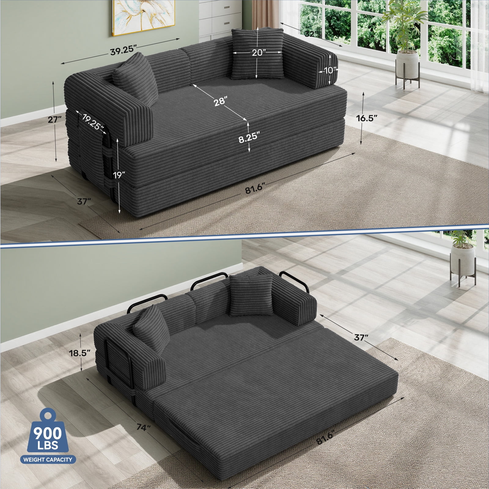 Daluvenix 4-in-1 Folding Convertible Sofa Bed 81 Inch Oversized Corduroy Upholstered Boneless Couch Loveseat Sleeper with Pull Out Bed Dark Gray