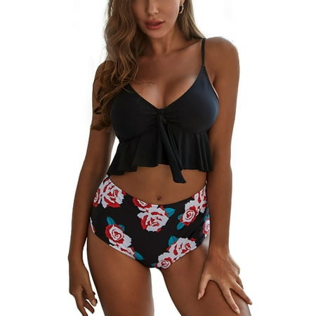 

Sexy Women Two Piece Ruffled Swimsuit Swimwear High Waist Beachwear Floral Print Push-Up Bra Padded Braces Bathing Suit Tops With Swim Briefs Bottoms Swimming Tummy Control