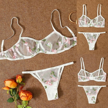 

Ladies Sexy Fashion Embroidered Flower No Steel Ring Underwear Thong Set