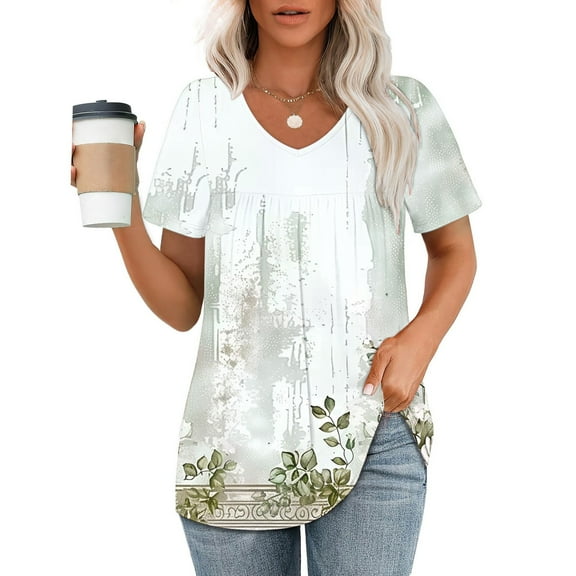 ALLLIST V Neck Womens Tops Short Sleeve Pleated Blouse Floral Summer White Pullover Clothing for Women