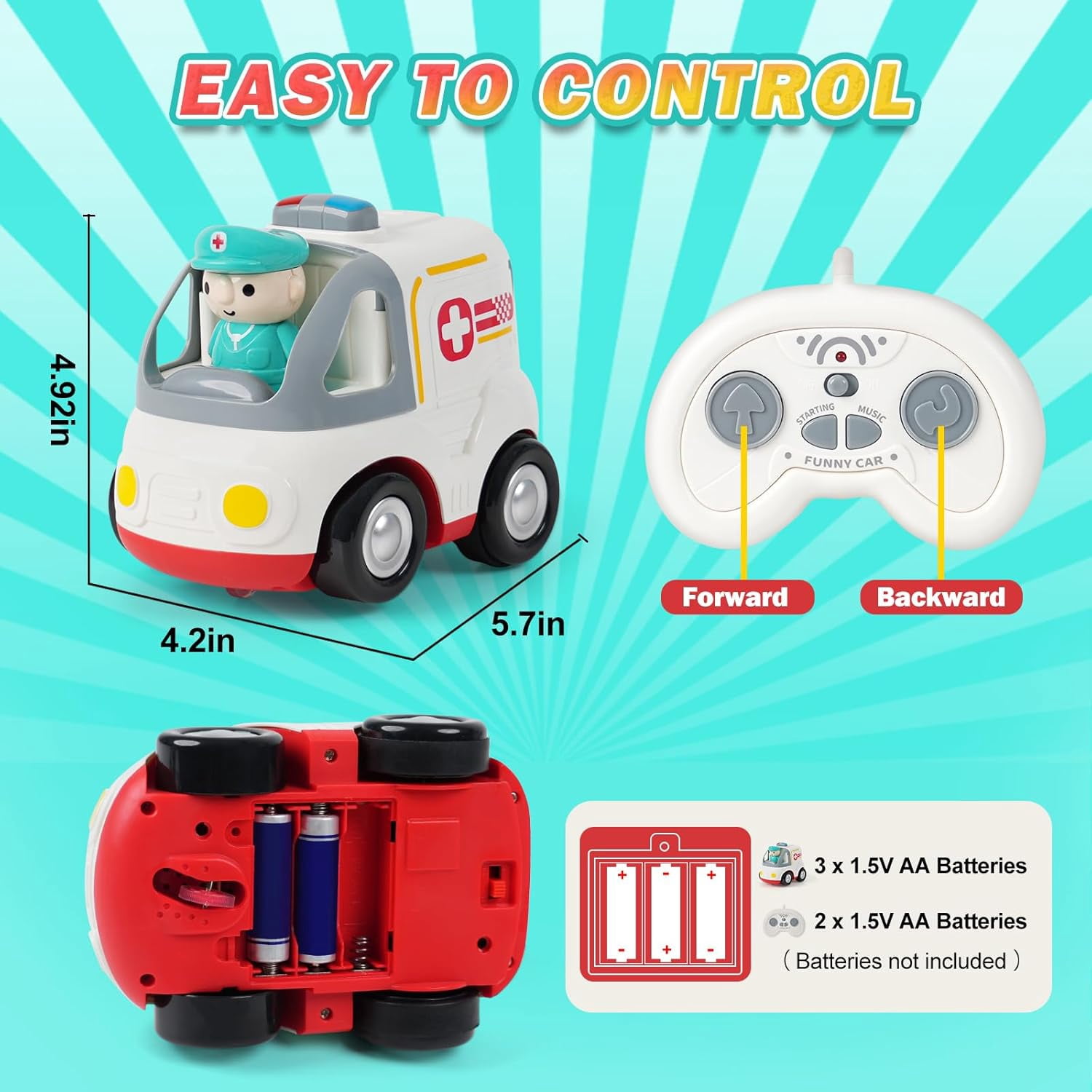 HYPERLIVING Remote Control Car for Kids - Cartoon RC Ambulance Toy for Toddlers 18+ Months, Ages 2 3 4 5 Years Old, Birthday Gifts for Boys with Lights & Sounds & Music