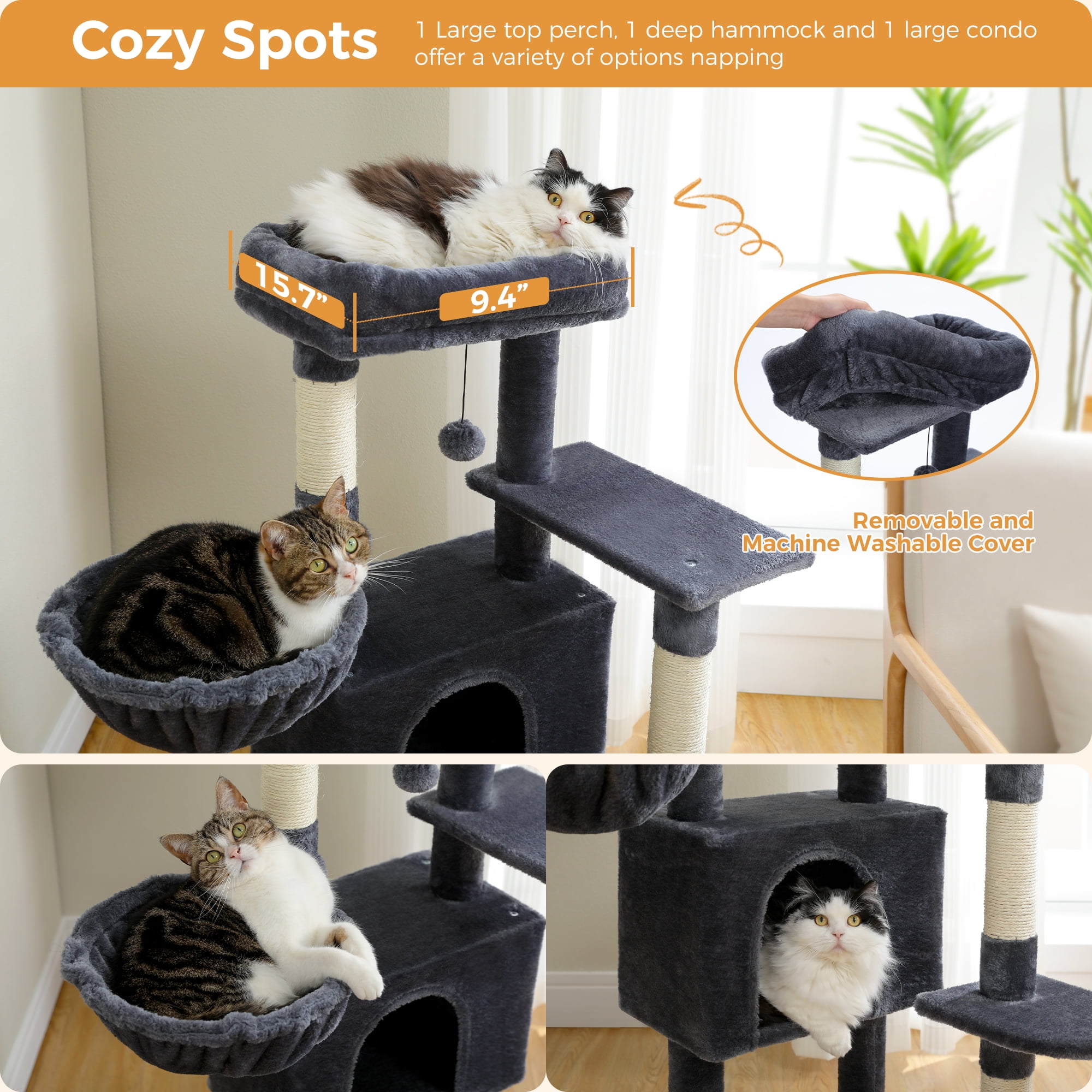 PAWZ Road 42" Cat Tree Condo With Large Perch Scratching Posts for Indoor Cats, Dark Gray