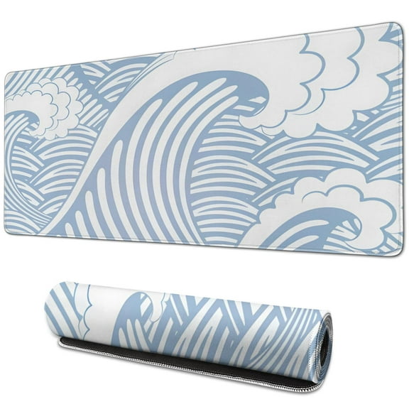 Designer Gaming Mouse Pad - Japanese Blue & White Wave, Large Size, Non-Slip Base
