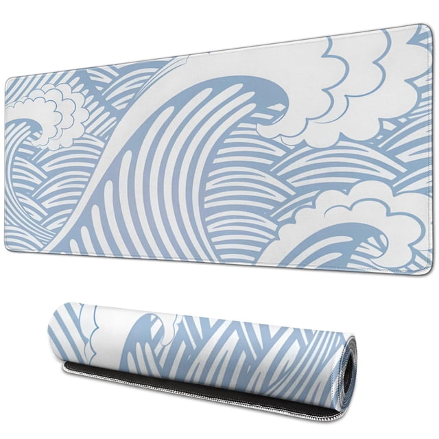 Designer Gaming Mouse Pad - Japanese Blue & White Wave, Large Size, Non-Slip Base