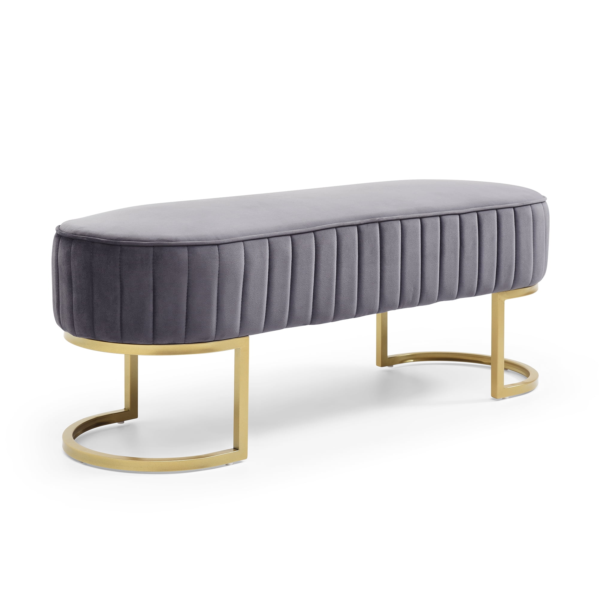 Miniyam Bench Bedroom Bench,Velvet Oval Upholstered End of Bed Bench with Golden Metal Legs,Gray