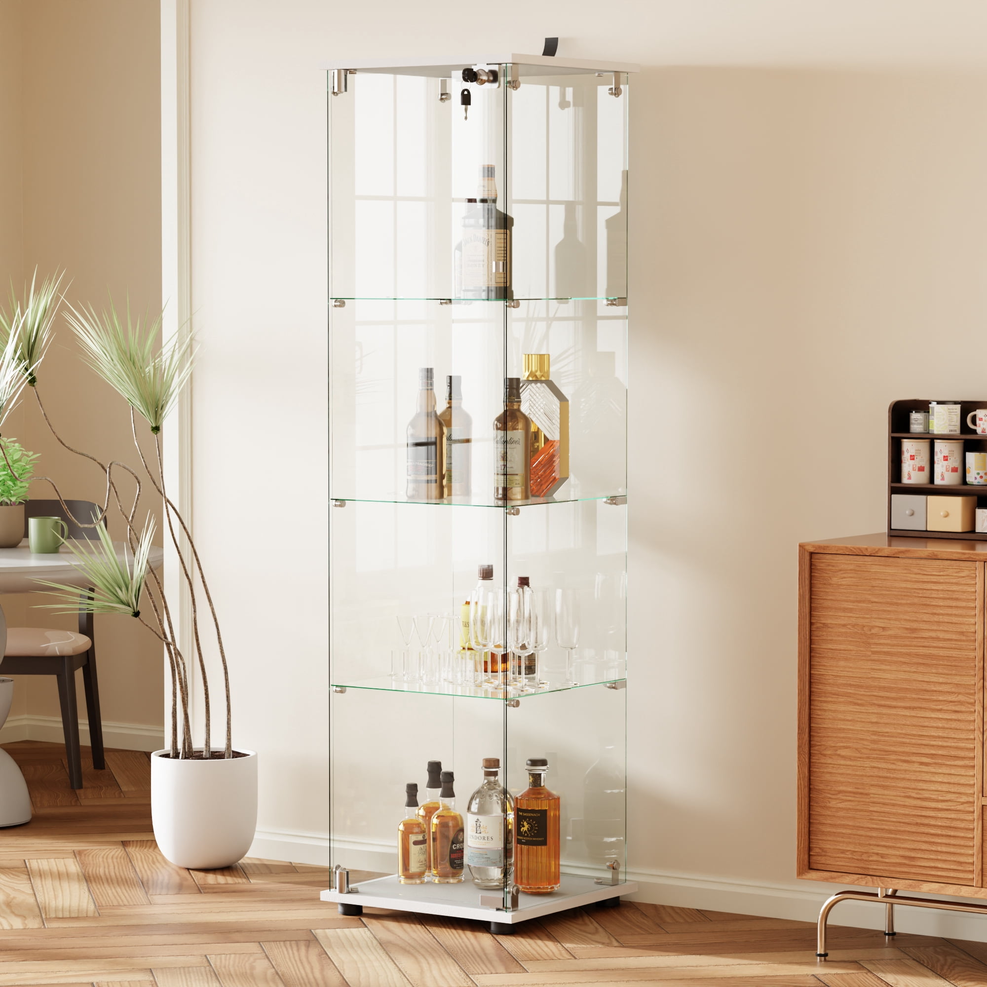 BEAUTYPEAK 64" Display Cabinet with Glass Doors,4-Tier Single-Door Curio Cases with White Panels