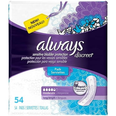 Always Discreet Moderate Long Incontinence Pads, Up to 100% Leak-Free Protection, 54 Count (Packaging May Vary)