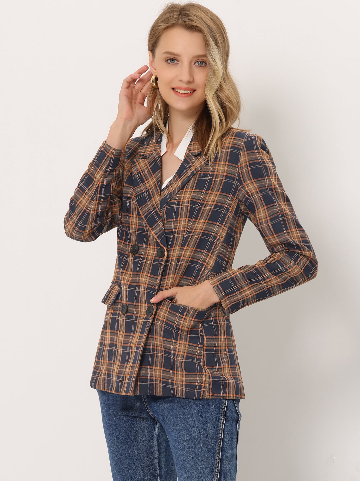 DARING DIVA Women's Plaid Notched Lapel Blazer Jacket XS Blue Orange