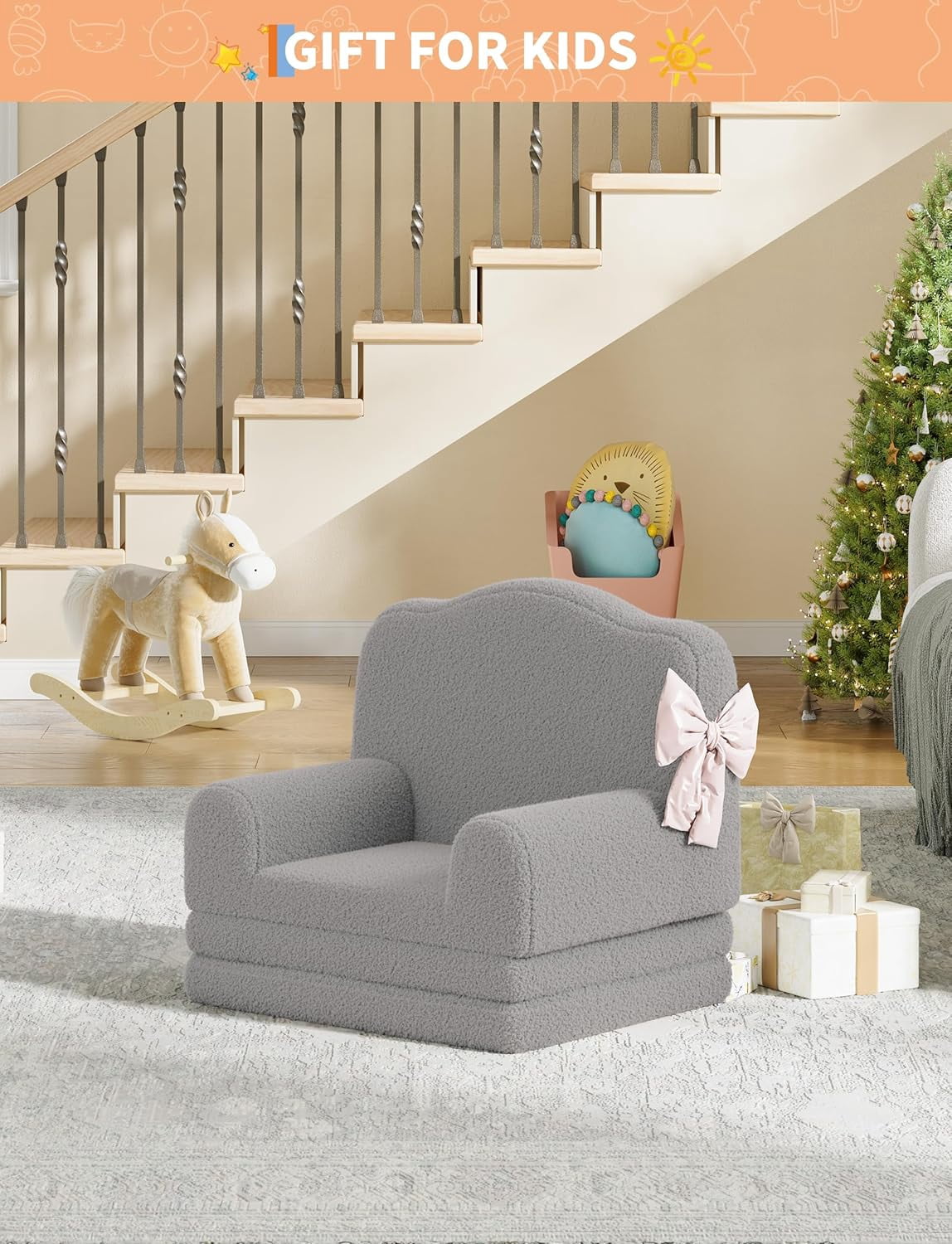 Kids Couch, 2-in-1 Convertible Teddy Fleece Fabric Toddler Sofa Chair, Soft Fold Out Couch Lounger for Kids, Comfy Children's Sofa Bed for Playroom, Nursery, Birthday Gift (Gray Crown)