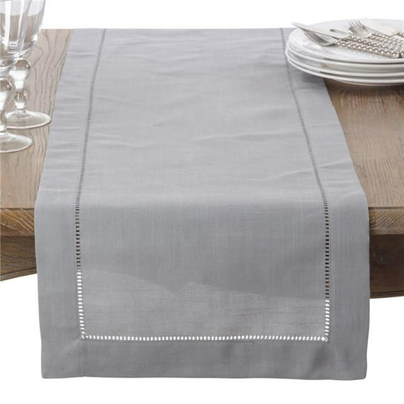 SARO 16 x 72 in. Rectangle Classic Hemstitch Border Table Runner Grey