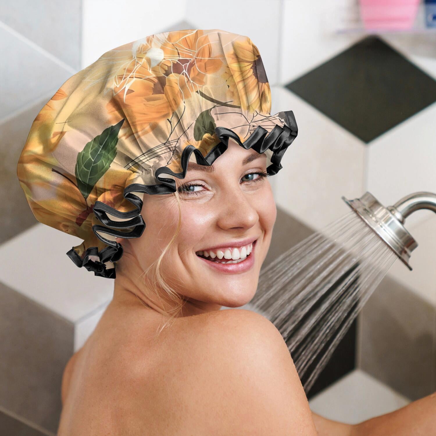 Shower Caps,Yellow Green Leaf Sunflower Pattern Waterproof Shower Cap for Women 4 Pieces,Double Reusable Hair Cover for Shower PEVA Elastic Stretch Hem