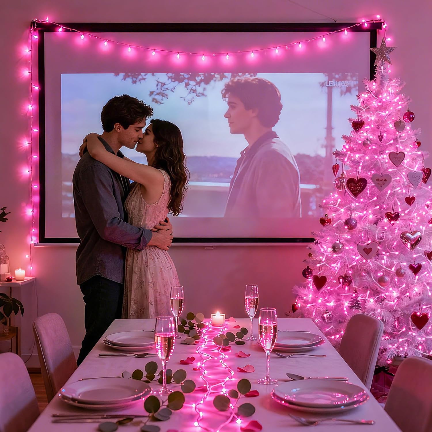 JMEXSUSS Connectable 100 LED Pink Valentine Lights, 33ft 8 Modes Valentine Room Lights Clear Wire, Plug in Pink Christmas String Light Indoor Outdoor for Christmas Bedroom Valentines Party