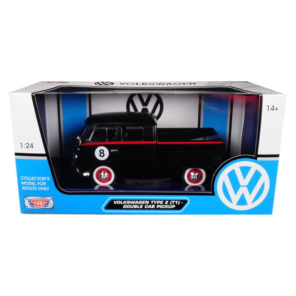 Volkswagen Type 2 (T1) Double Cab Pickup #8 Matt Black 1/24 Diecast Car Model by Motormax