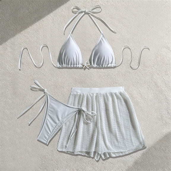 Sokhug Womens Solid Color Beach Bikini Set 3-Piece Stylish Breathable Split Swimsuit