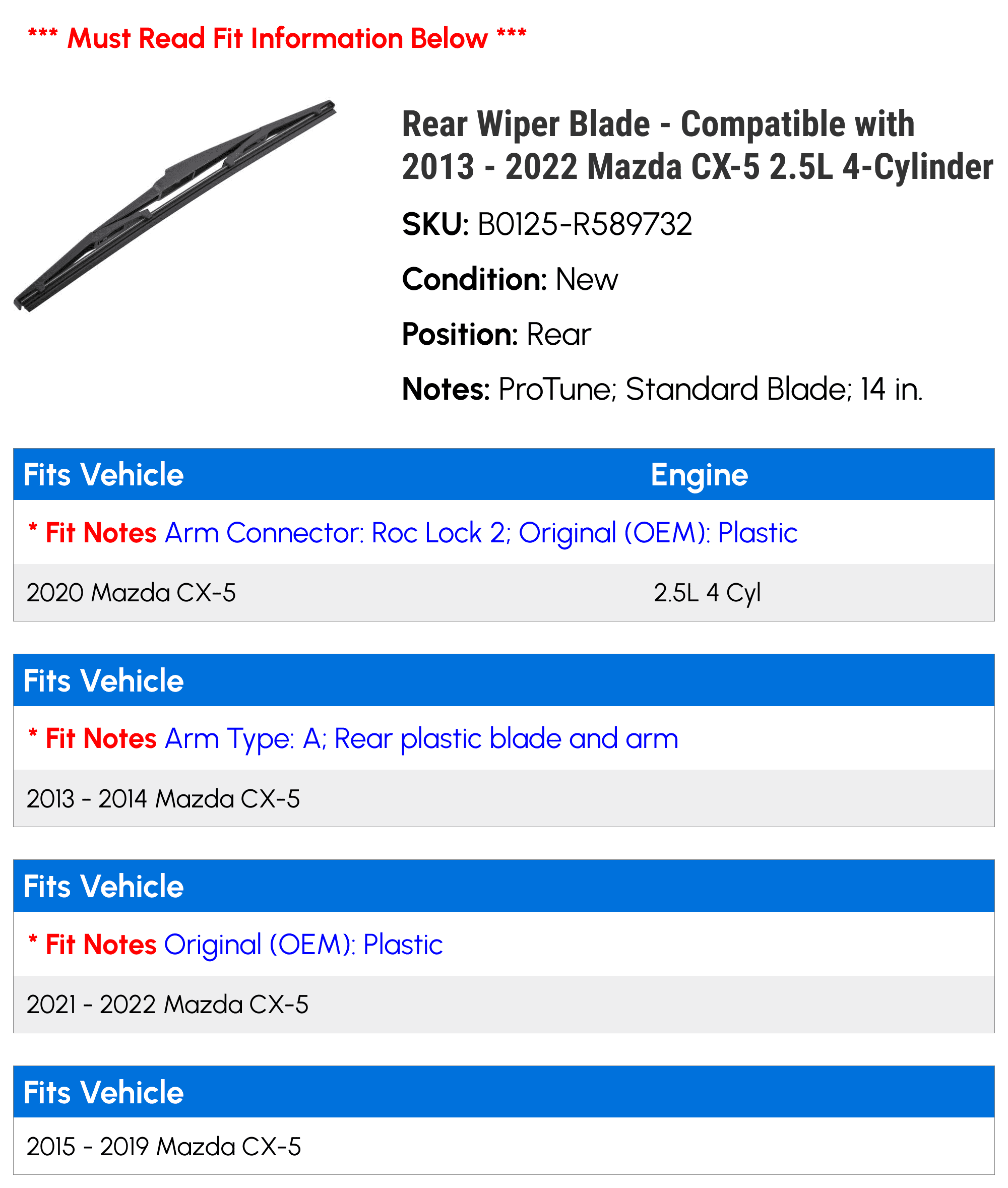 Rear Wiper Blade - Compatible with 2013 - 2022 Mazda CX-5 2.5L 4-Cylinder 2014 2015 2016 2017 2018 2019 2020 2021