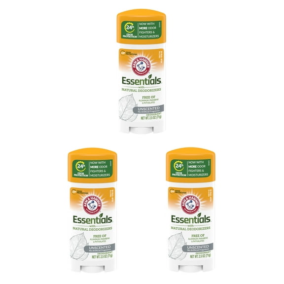 3 Pack Arm & Hammer Essentials Deodorant Solid, Unscented 2.5 Ounce Each
