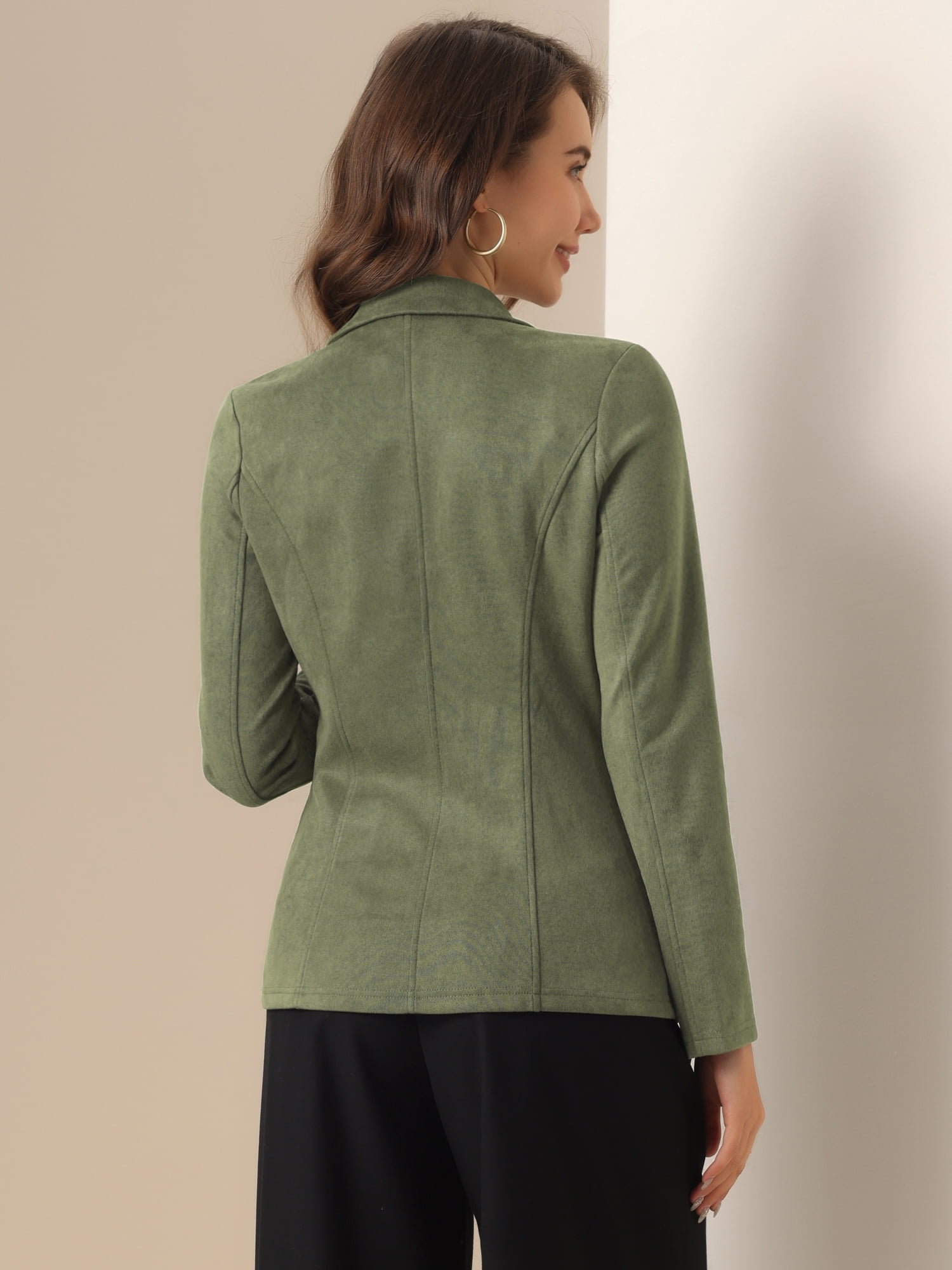 DARING DIVA Lapel Collar Long Sleeve Faux Suede Blazer M Army Green