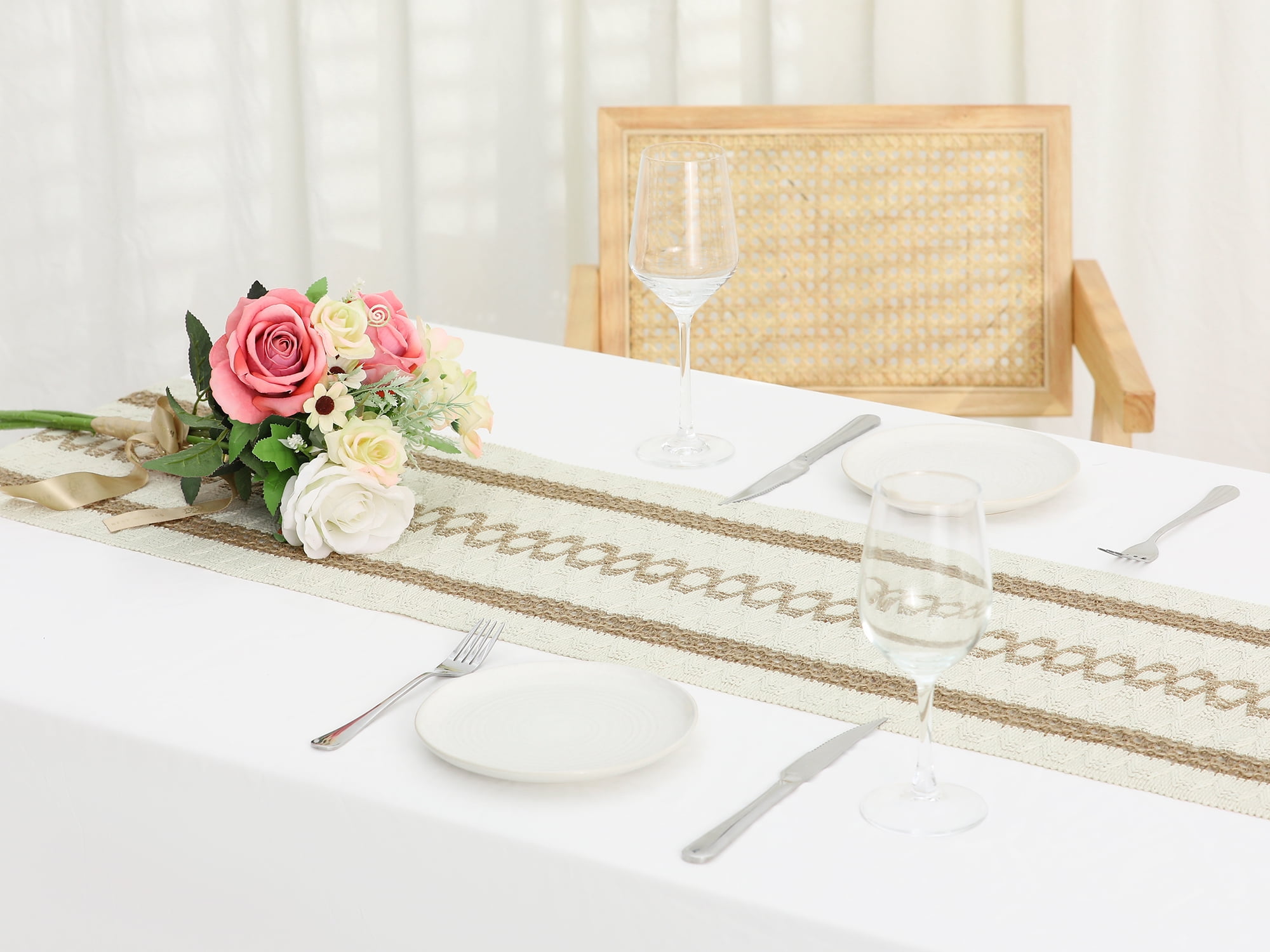 Unique Bargains 1 Pack Tassel Table Runner Cotton Linen Simple Table Flags Beige Brown 12"x71"