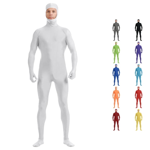 Rggeeun Halloween Adults Full Body Jumpsuit Solid Color Elastic Open Face Hood Slim Fit Stretch for Indoor Activities Casual One-Pieces,White,L