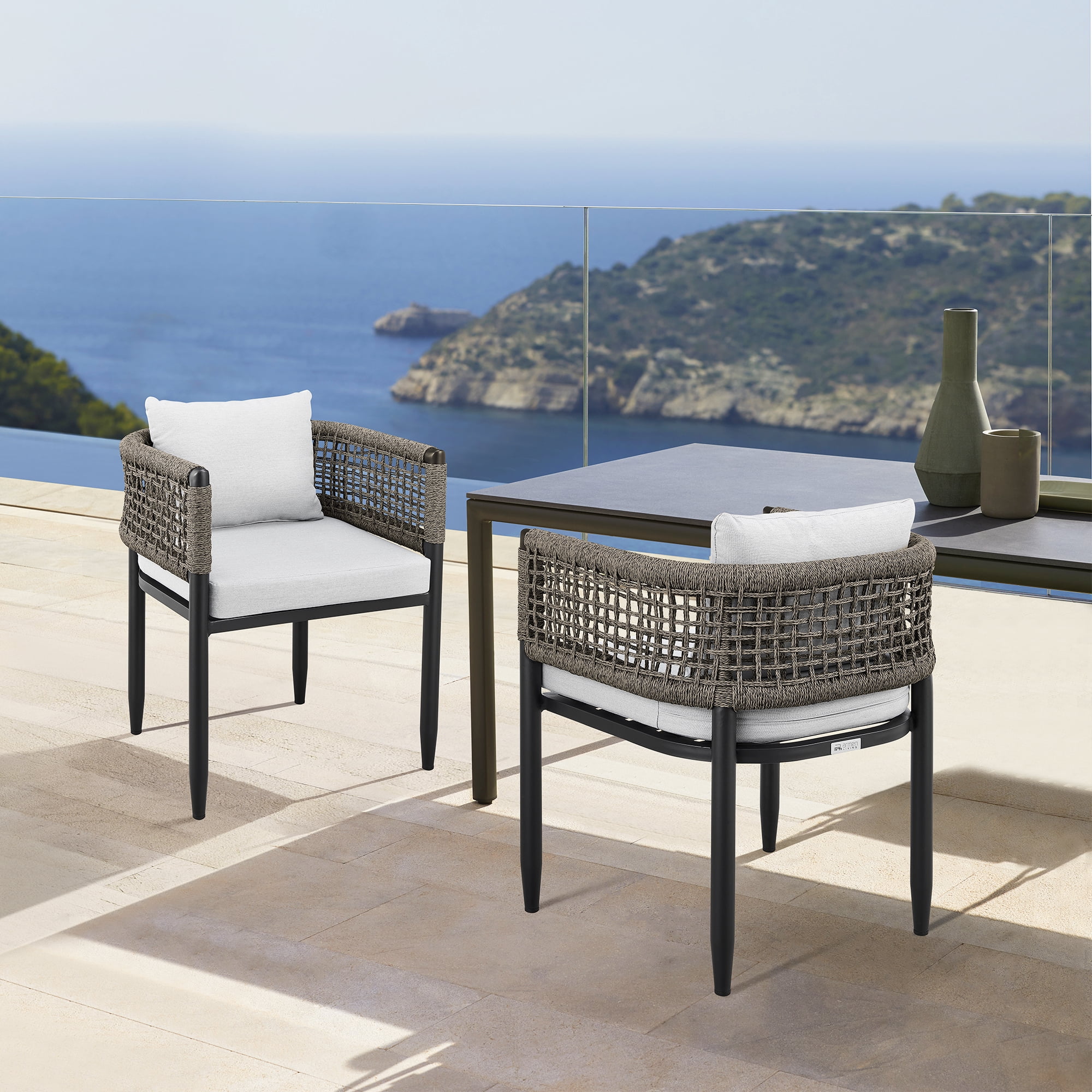 Felicia Outdoor Patio Dining Chair in Aluminum with Grey Rope and Cushions - Set of 2