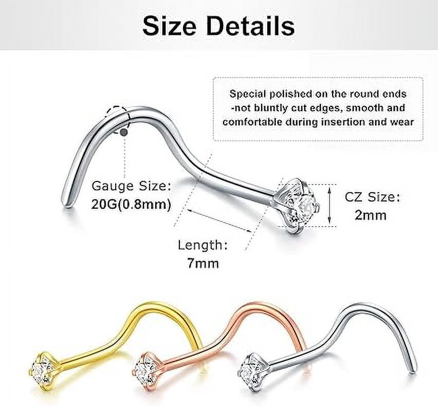 Nose Studs & Nose Rings for Women | 18G & 20G Sterling Silver Corkscrew Nose Screw Studs