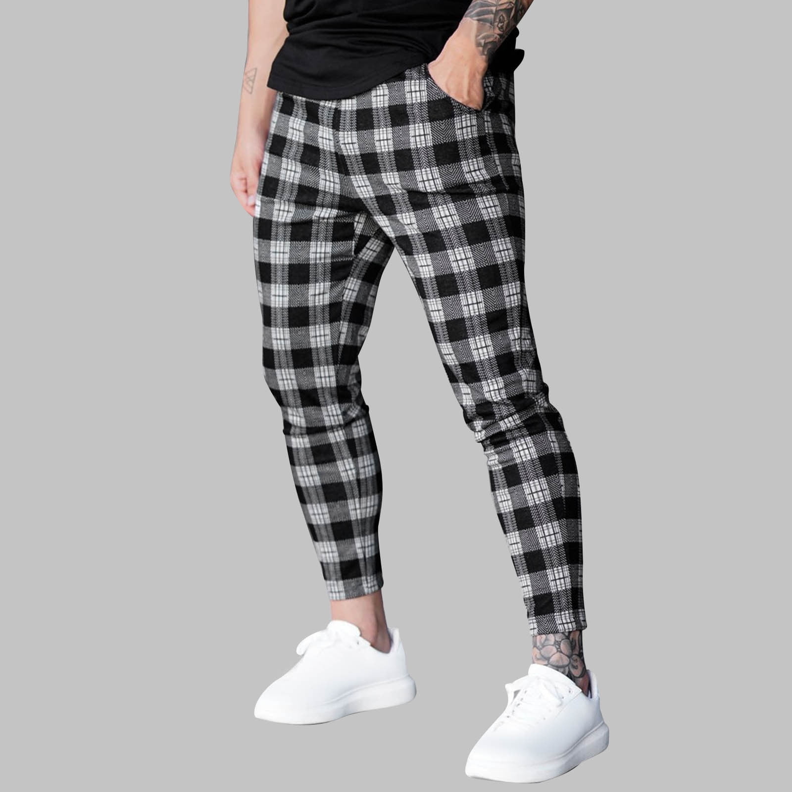 USNSM Men's Plaid Sweatpants Casual Fitness Slim Fit Joggers Drawstring Elastic Waist Straight Leg Pants with Pockets Black XL