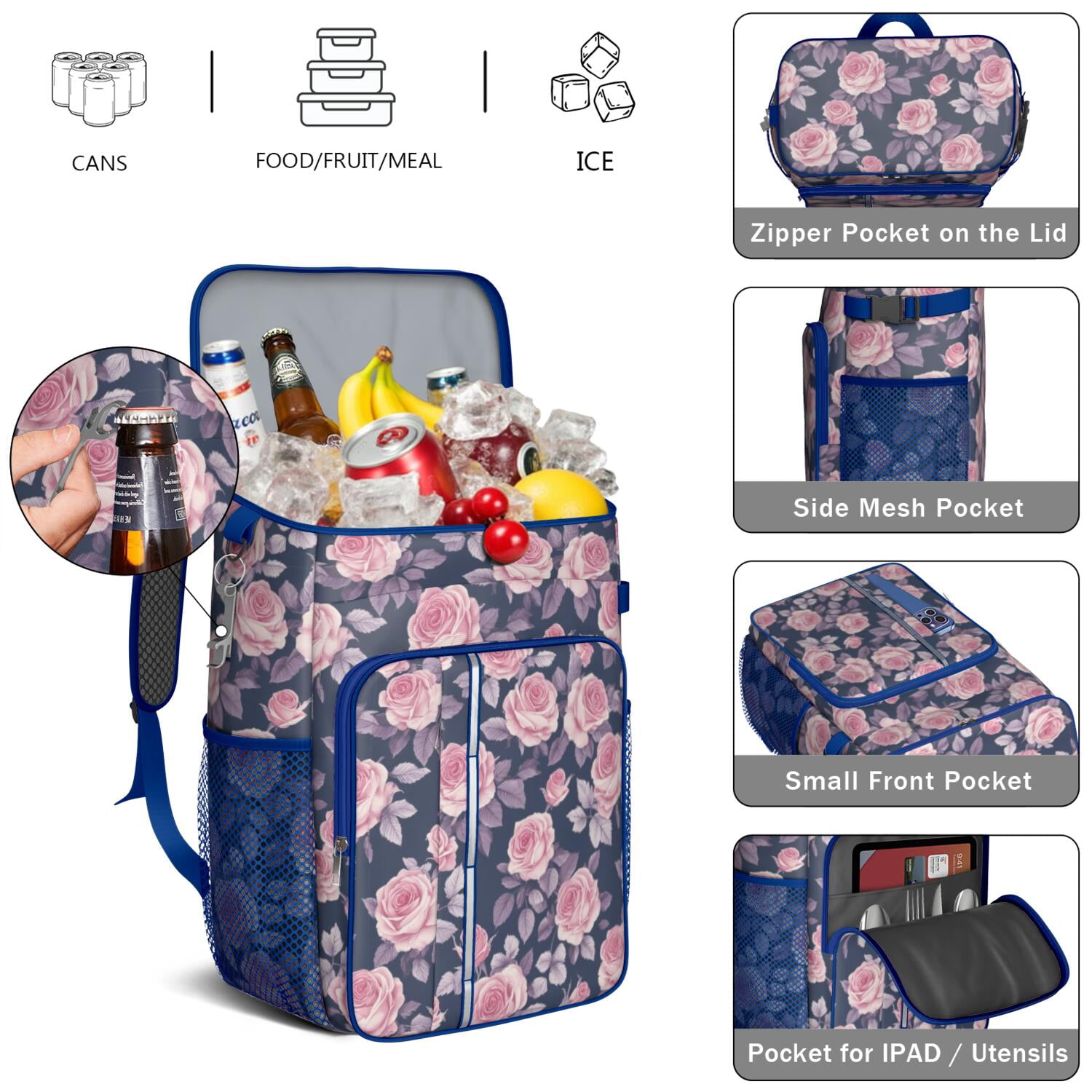 Travel Cooler Bag - Pioneer Flower Camping Beer Cooler Backpack with Bottle Opener- Waterproof Insulated Picnic Backpacks - Cooler Bag for Beach