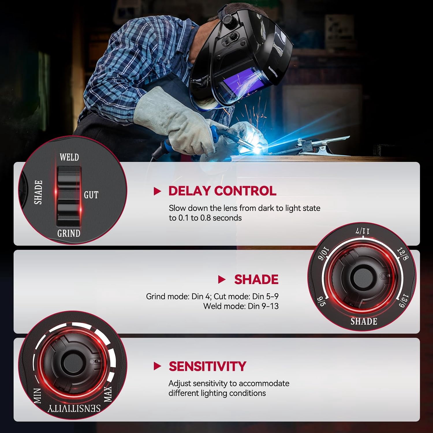 ARCCAPTAIN Auto Darkening Welding Helmet - 180° Panoramic View | 1/1/1/1 True Color Large Lens | 4 Arc Sensors & Solar Power | Shade 4-13 | For TIG, MIG, Arc, Cutting