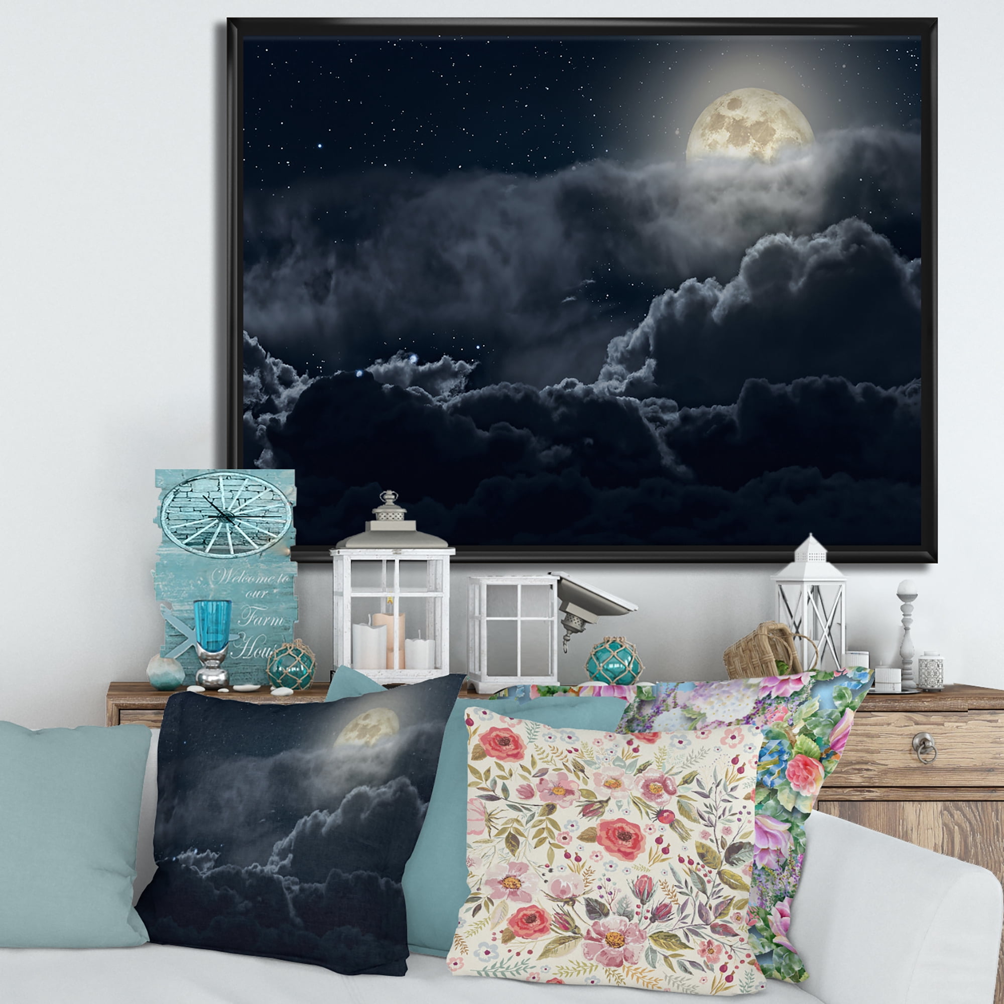 Designart 'Cloudy Full Moon Night With Stars' Nautical & Coastal Framed Canvas Wall Art Print