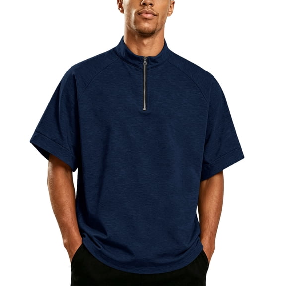 Domzest Mens Quater Zip Stand Collar Shirt Short Sleeve Lightweight Pullover Summer Casual Breathable Solid Shirts Navy 4XL