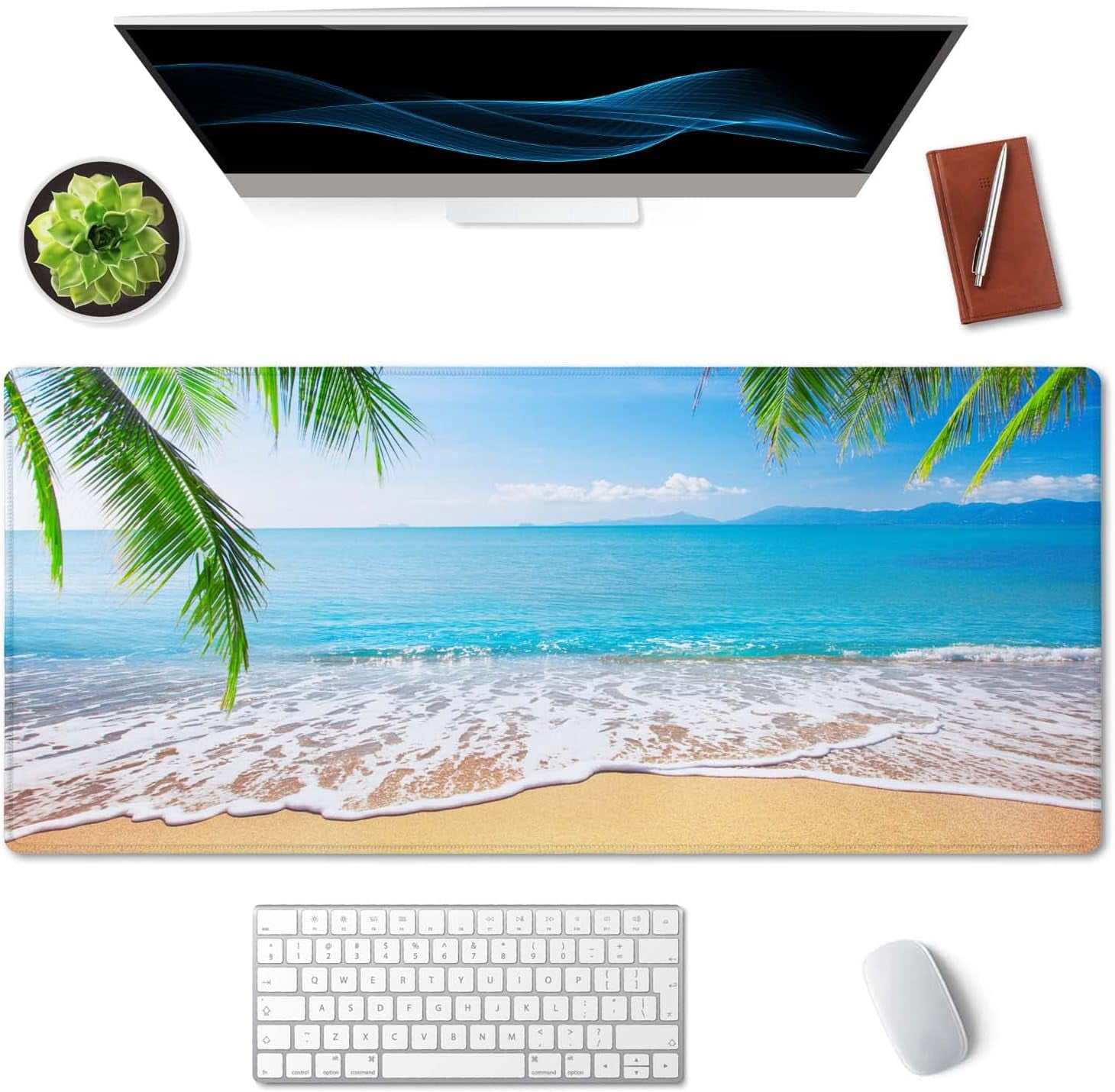 Gaming Mouse Pad, Extended Mouse Pad, 35.4x15.7inch XXL Large Big Computer Keyboard Mouse Mat Desk Pad with Non-Slip Base and Stitched Edge for Home Office Gaming Work, Tropical Palm Tree Beach