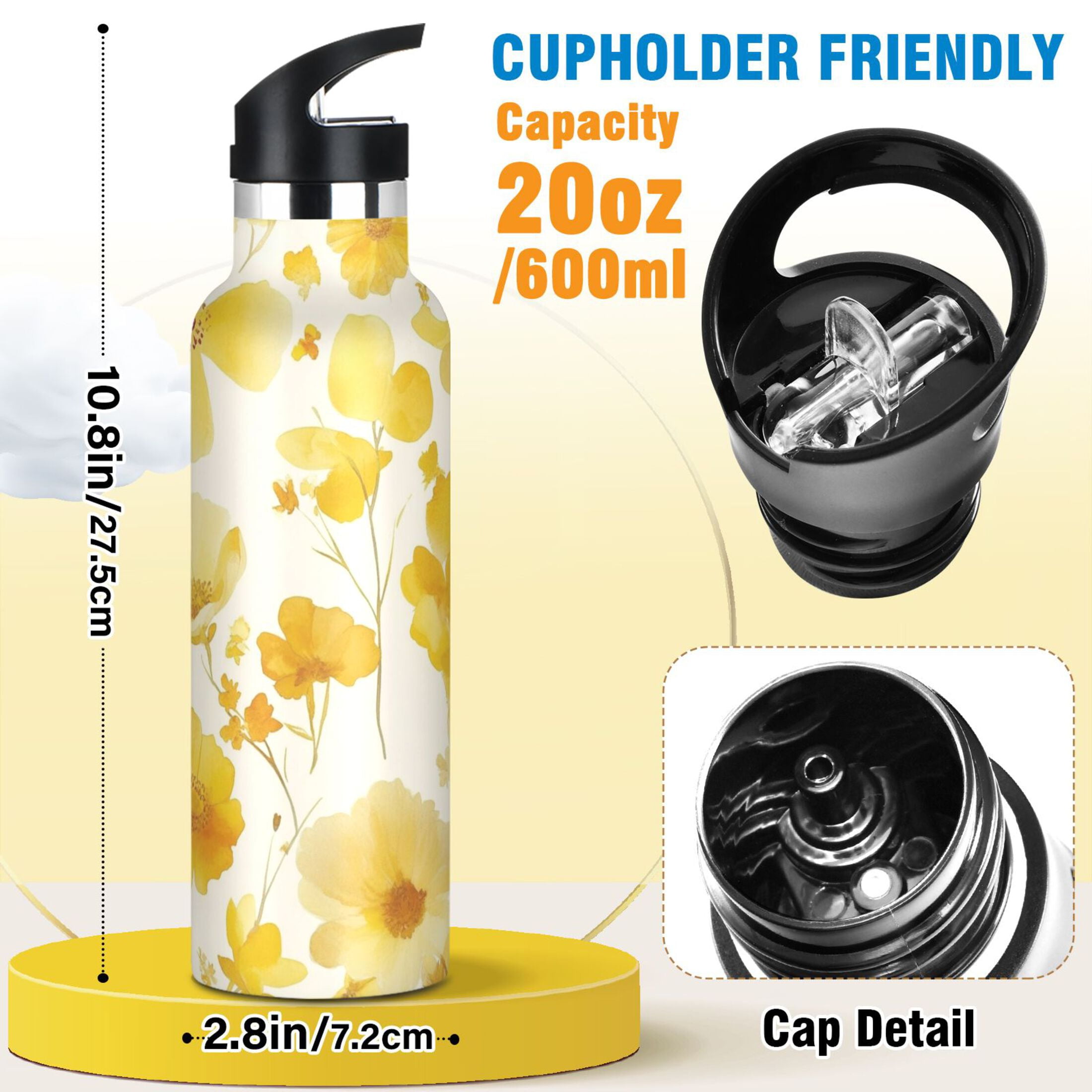 600ML Stainless Steel Insulated Cup Sports Water Bottle Portable Thermos Cup Water Glasses Insulated Tumblers Convenient and Durable Yellow Flowers Seamless