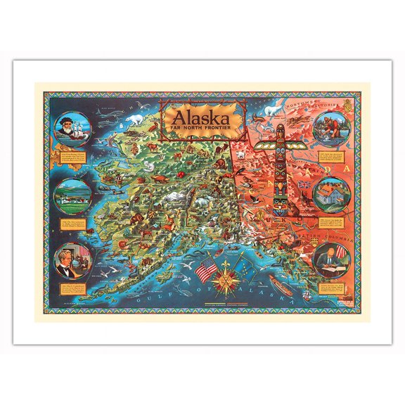 Alaska Far North Frontier - Vintage Pictorial Map by Klengston Rude c.1959 - Bamboo Fine Art 290gsm Paper (Unframed) 12x16in
