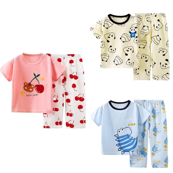 Loopsun Boys Girls Short Sleeve Round Neck Shirts Print Top and Pants Soft Loungewear Outfit Multicolor, 0-1 Years