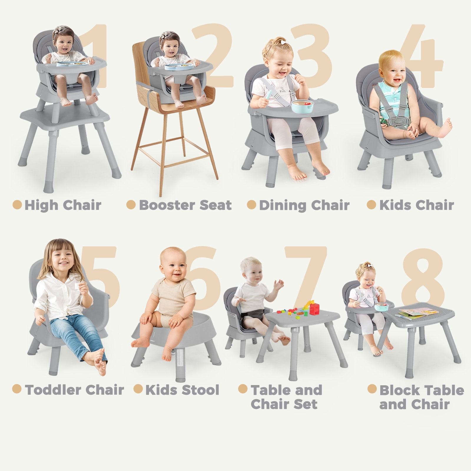 AILEEKISS 8 in 1 Baby High Chair, Toddler Dining Booster Seat for Eating, Light Grey