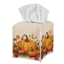 POLERO Square Tissue Box Cover, Waterproof Pu Leather Car Tissue Holder with Metal Button Thanksgiving Pumpkin Napkin Holder Organizer for Bathroom, Bedroom, Hotel, Office Desk 5.1"X5.1"X5.5"