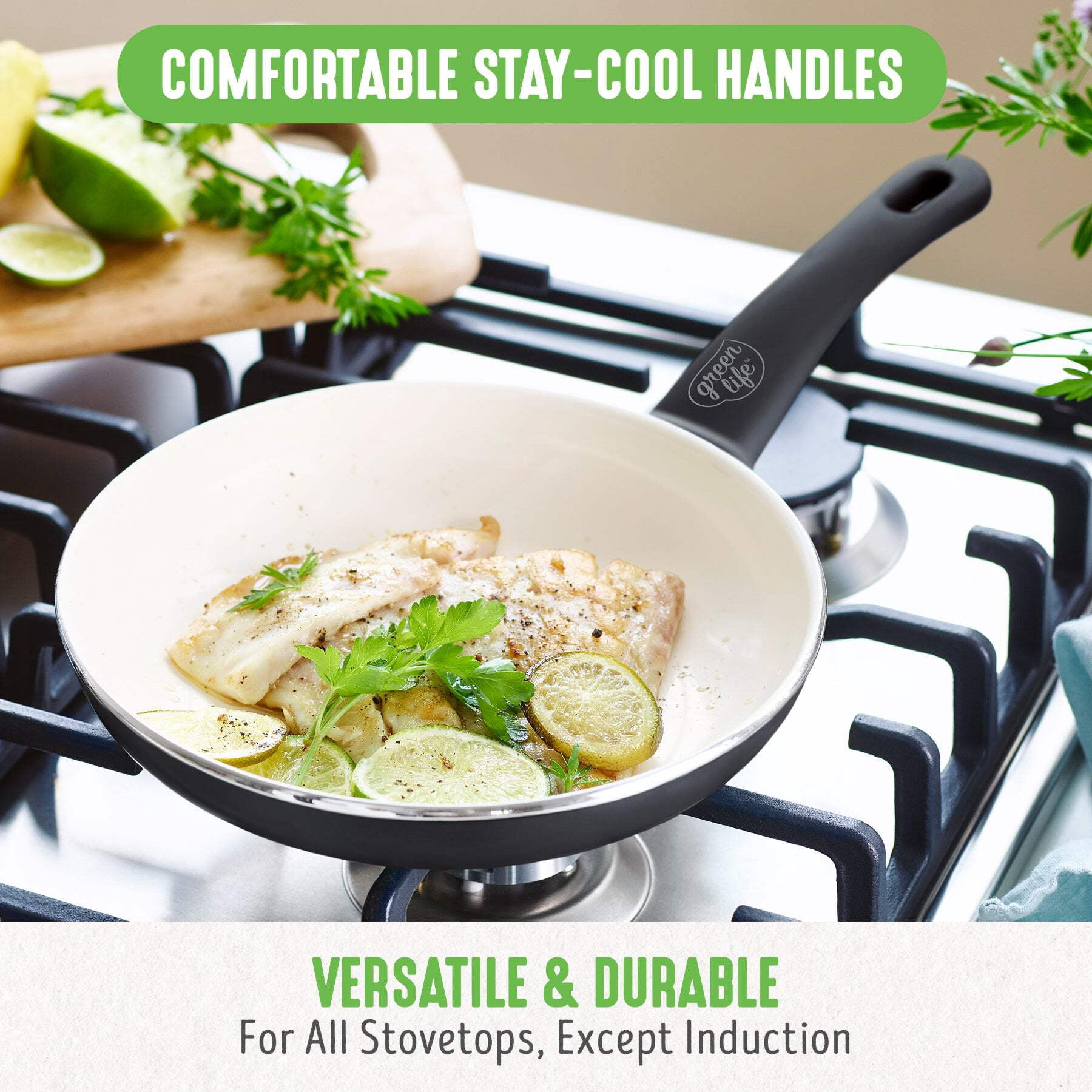 GreenLife 16 Piece Nonstick Cookware Set, Soft Grip Non-Toxic, Dishwasher Safe, Black & Cream