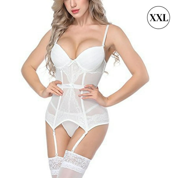 Mujeres Sexy Corset Body Ropa interior Deep V Perspectiva Lencería blanca Regalo, XXL Methold XX000195-05