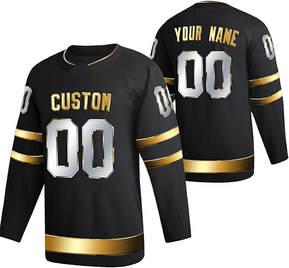  Pullonsy Gold Custom Ice Hockey Jersey for Men Women Youth  S-8XL Alternate Authentic Embroidered Name & Numbers,Anthracite-White-Gold  