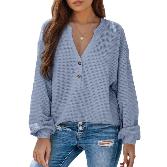 Top Dokotoo para mujer, manga larga, cuello en V, tejido gofrado, azul