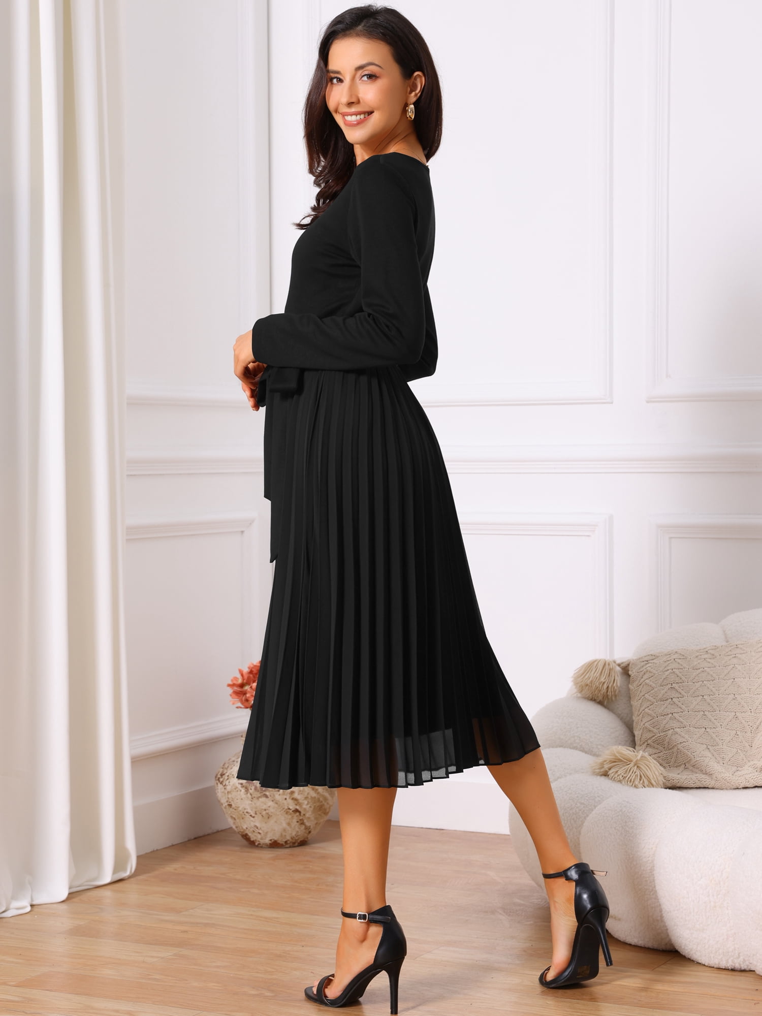 DARING DIVA Women's Pleated Crewneck A Line Flowy Long Sleeve Dress L Black